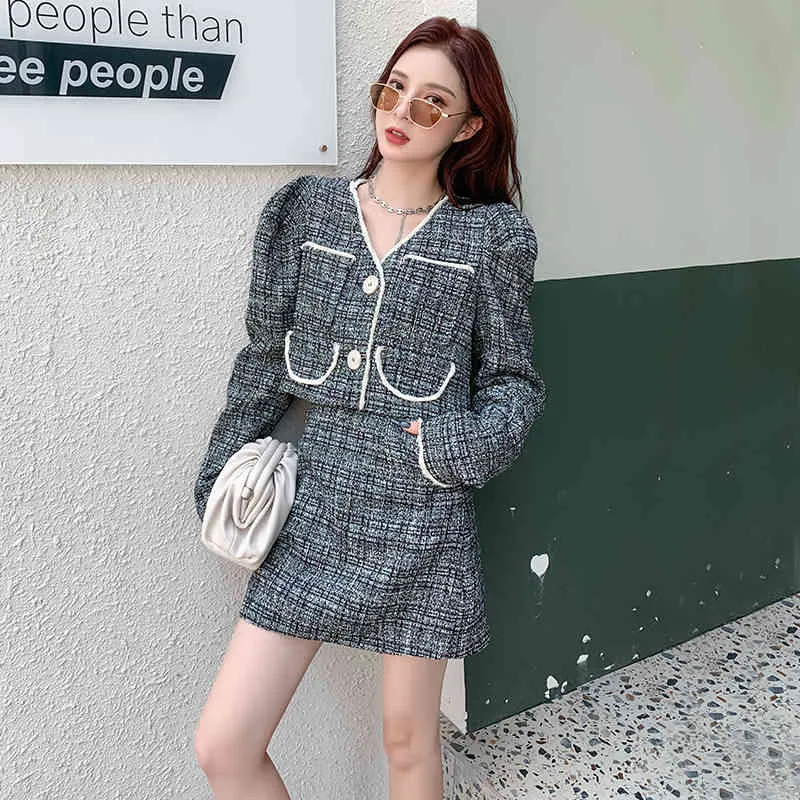 Elegant Suits Autumn Winter Tweed Two Piece Set Women Outfits V-Neck Long Puff Sleeve Crop Top + Pocket Mini Skirt Jacket 210416