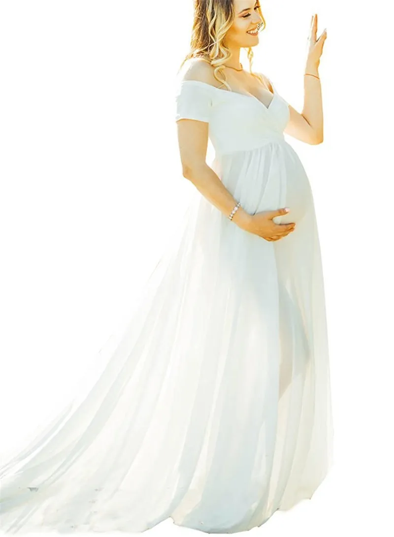 Vestidos de maternidade elegantes para sess￣o de fotos Sexy V pesco￧o fora do ombro gravidez vestido de fotografia gestante Mulheres festas maxi vestido 832 v2