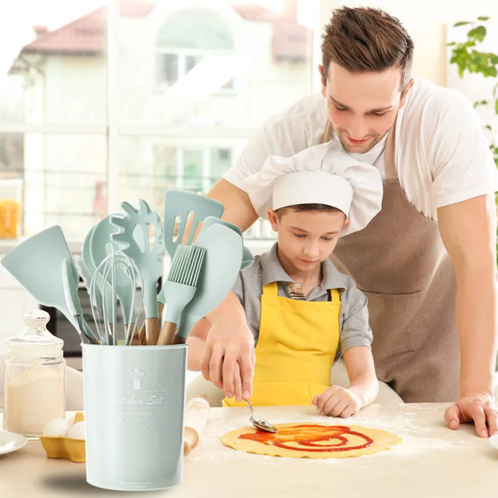 Juego de utensilios de cocina de silicona, espátula antiadherente, mango de madera con caja de almacenamiento, accesorios de herramientas de cocina