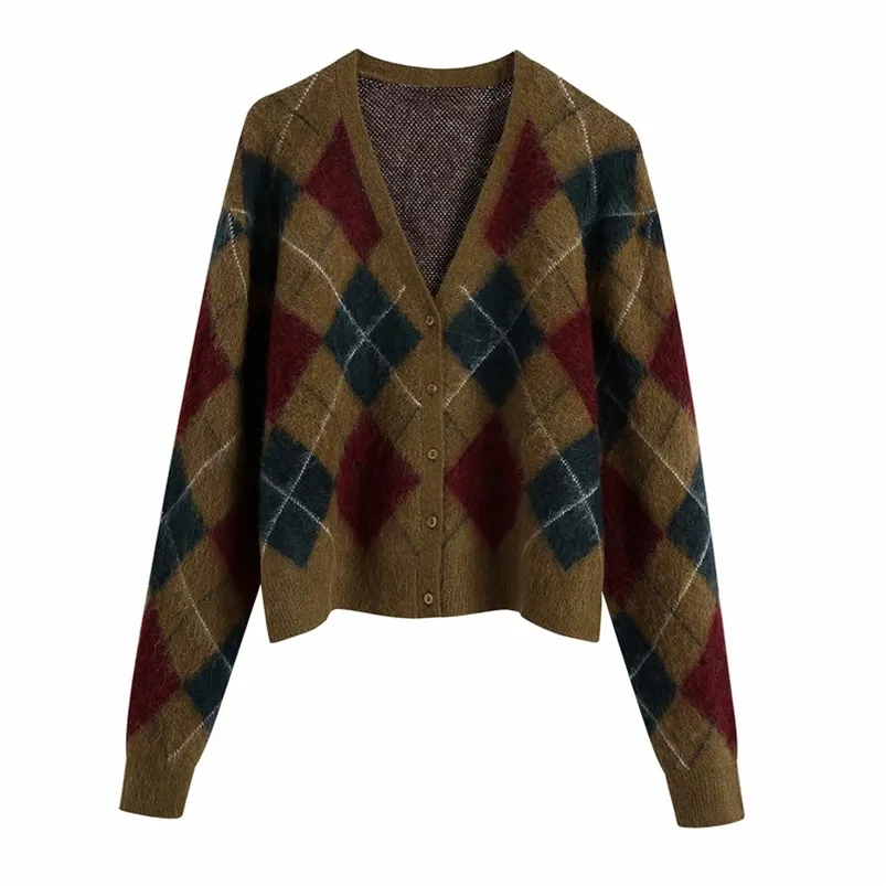 Vrouwen herfst vintage argyle vest truien v-hals lange mouw vrouwelijke casual wollen gebreide straat trui jassen kleding 210513