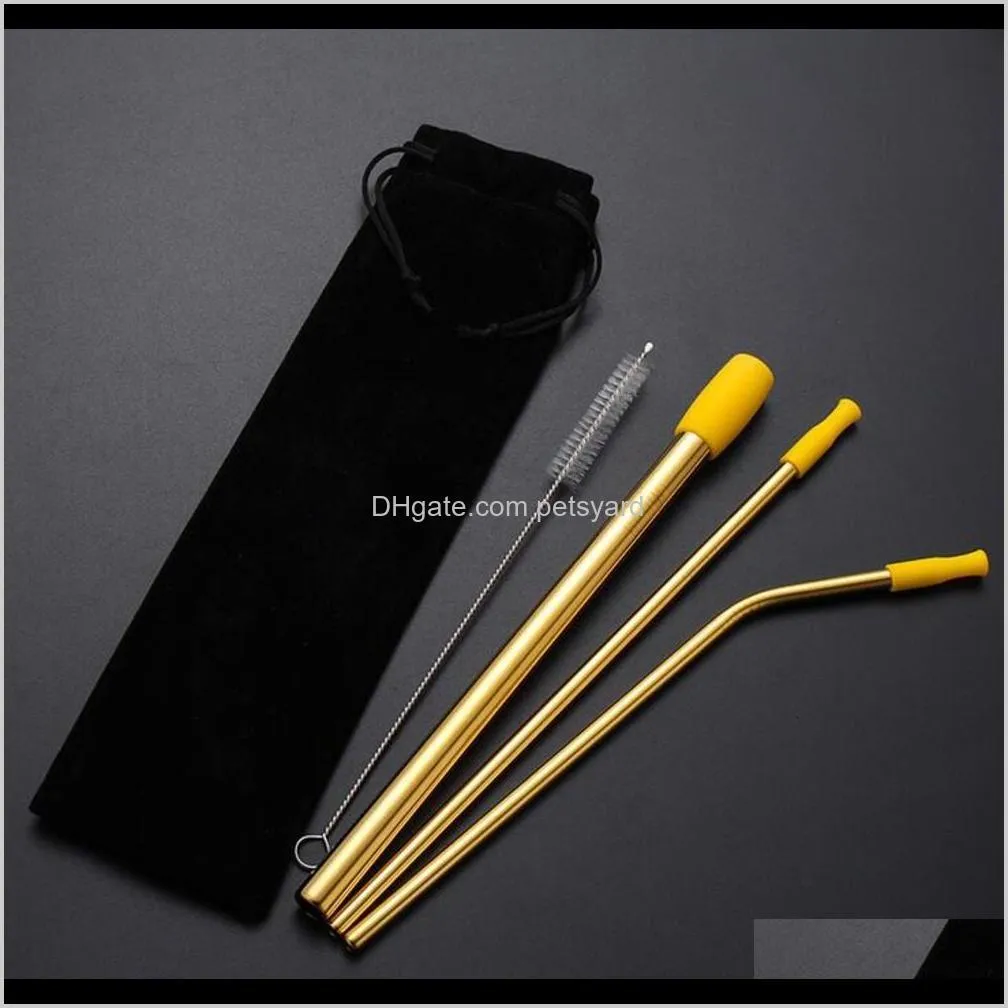 8pcs/lot reusable drinking straw set straight bent straw with silicone tip cover cleaning brush metal smoothies drinking straws