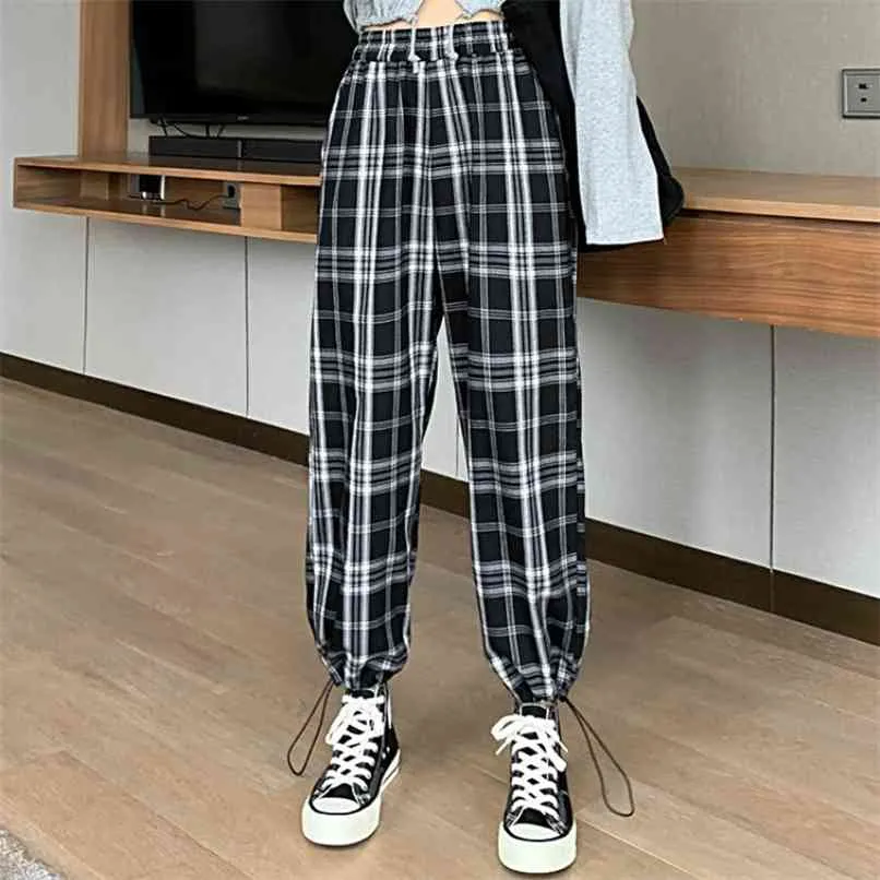 Houzhou harajuku calças xadrez mulheres cintura alta cintura estilo coreano tamanho xadrez para fêmea pernas de monte de casual straight 210915
