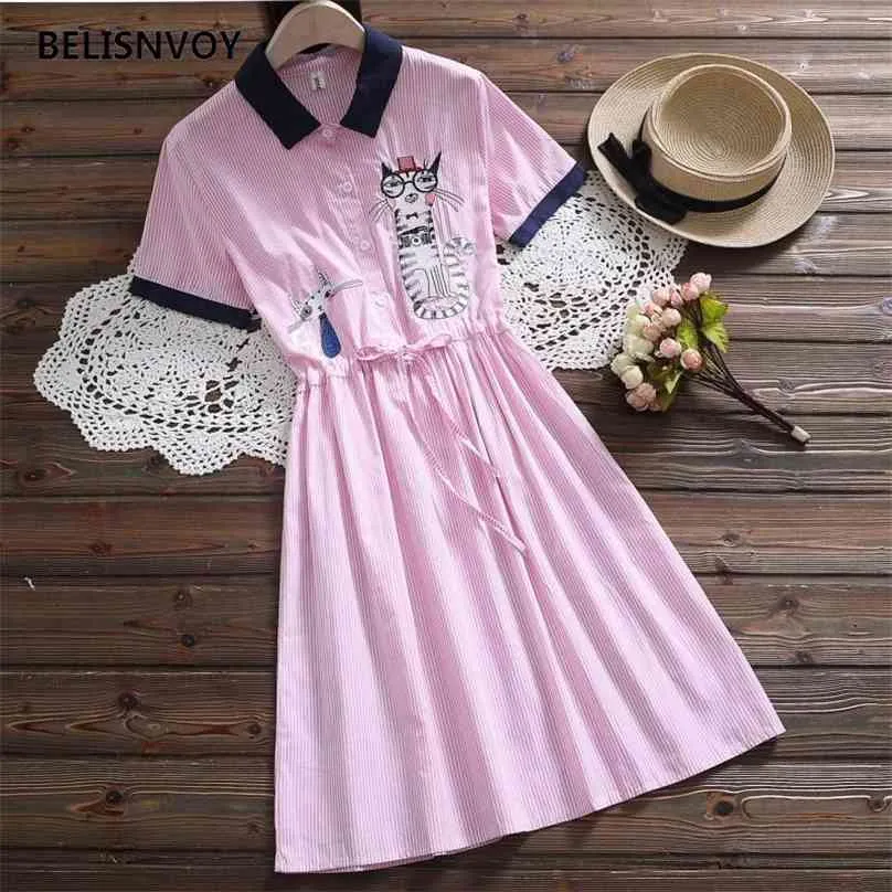 Oferta specjalna Japońska Mori Dziewczyna Kobiety Sukienki Paski Kot Haft Koszula Sukienka Krótki Rękaw Elegancki Cute Kawaii Vestidos 210520