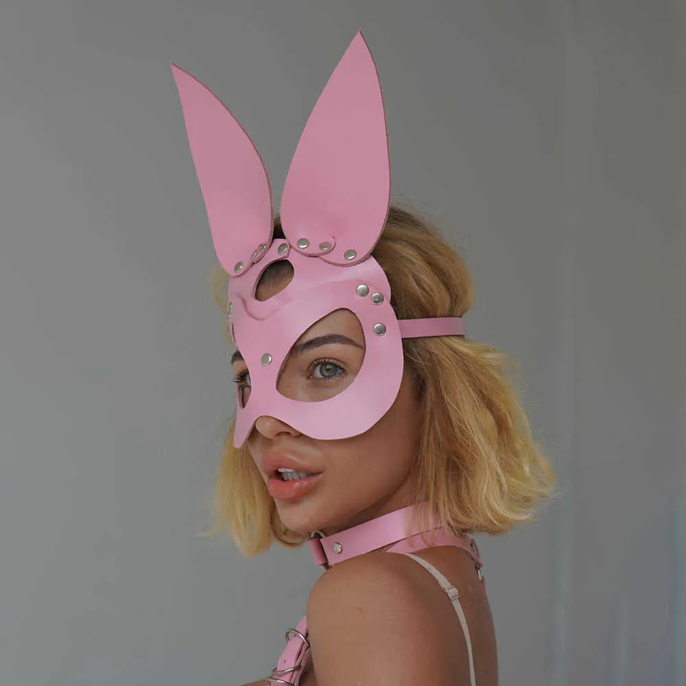 Sexy Cosplay Pink Bunny Leather Mask Bdsm Giochi per adulti Festival Rave Halloween Nappa Maschere Donne Masquerade Carnival Party Mask Q0818