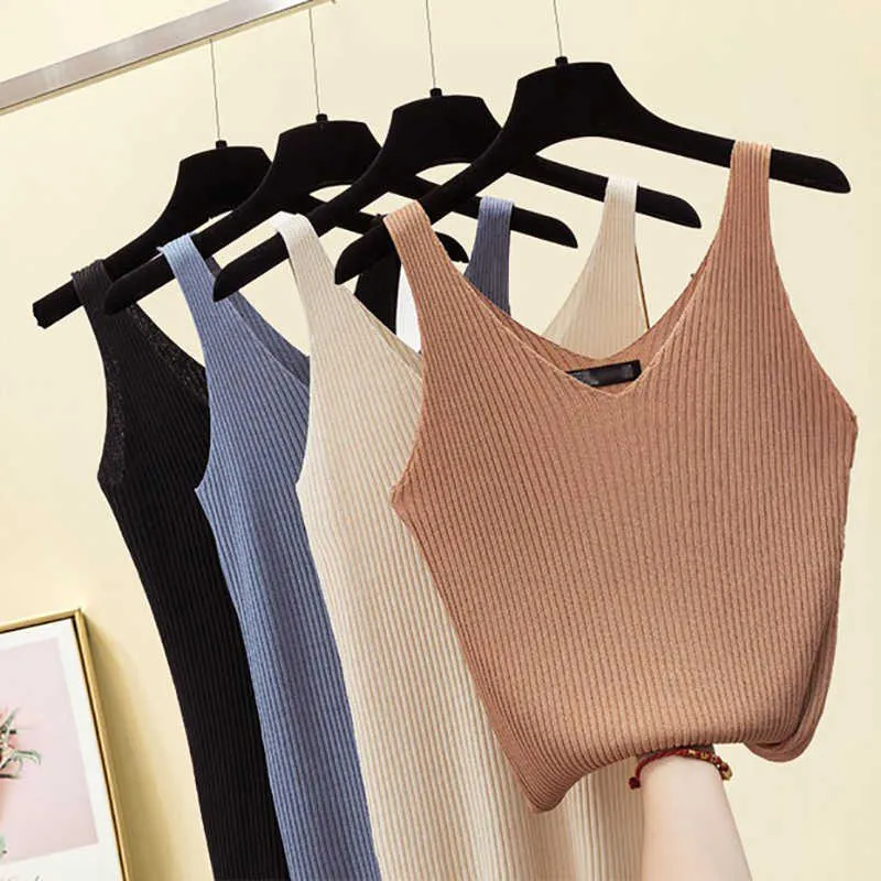 Kort Tank Top Kvinnor V-Neck Ärmlös Tunna Strikkade Kvinna Toppar Slim Elasticitet Sommar Kläder Kvinnor Kläder Haut Femme 210615