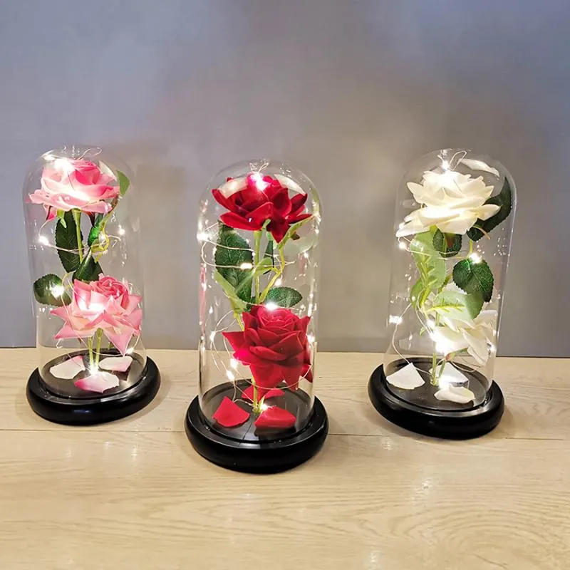 Parti Favor Sevgililer Günü Hediyeleri için Kız Arkadaşı Ebedi Gül LED Işık Folyo Çiçek Cam Kapak Düğün Iyilik Ve Nedime Hediye