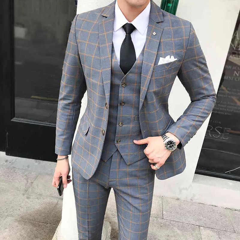 スーツの男性秋と冬の新しい英国スタイルの大規模なサイズの格子縞のスーツフォーマルウェアギフトシングルブレストメンズウェディングスーツ