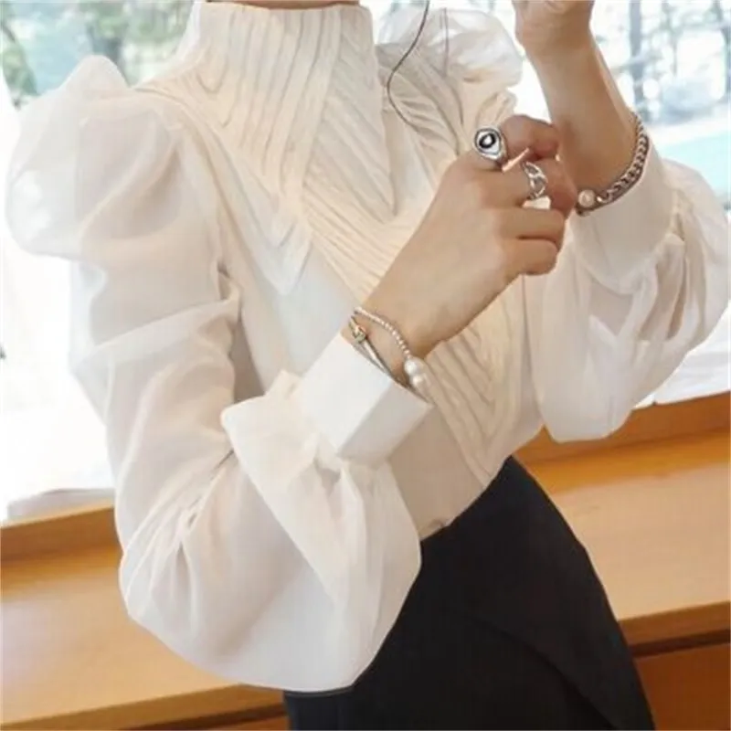 Spring Autumn Women Puff Sleeve Stand Collar Chiffon Blouses office Ladies tops shirt plus size 2XL Shirt 130F 210420