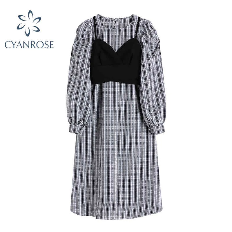 Vestido a cuadros de dos piezas de moda para mujer de manga larga con cuello redondo estilo coreano Vintage Mori Girl otoño Casual elegante vestido de señora 210417