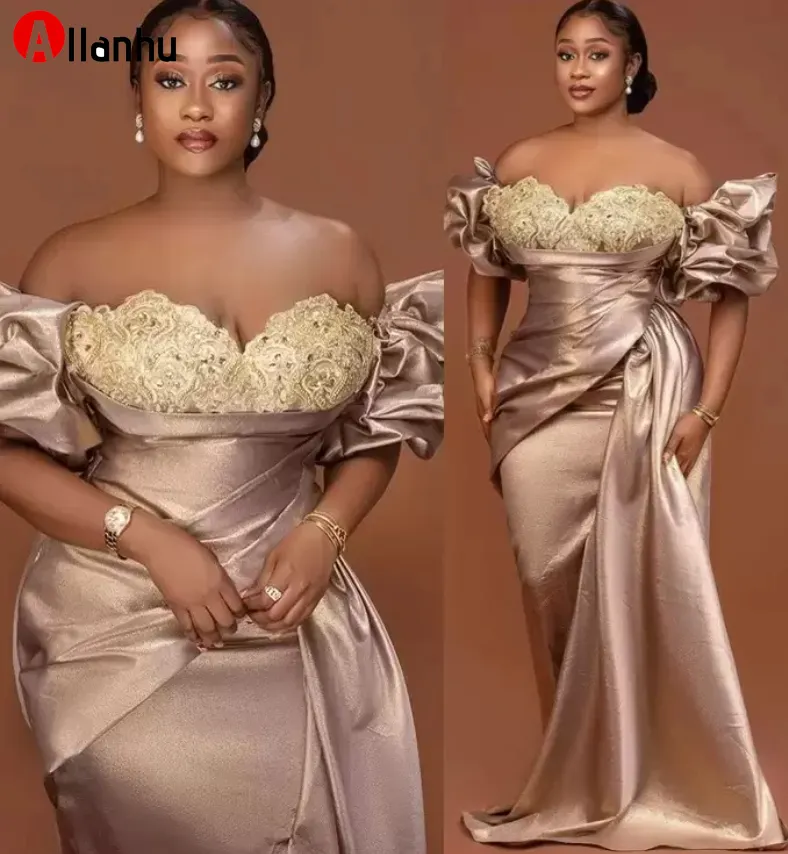 NEW! 2022 Mermaid African Prom Dresses Elegant Satin Off The Shoulder Peplum Lace Appliqued Evening Party Gowns Plus Size Women Formal Occasion Robe De Soiree AL9912