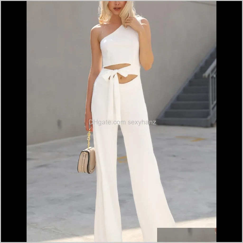women white lace-up office jumpsuits for one shoulder jumpsuit sexy backless slash neck wide leg pants women`s & rompers