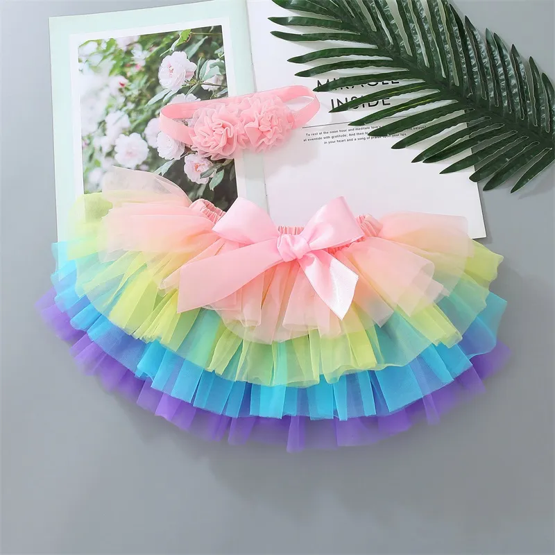 Baby meisjes rokken baby meisje tutu rok hoofdband 2 stks sets pasgeboren tule boog bloeiers regenboog korte jurken luiers cover 11 kleuren 749 y2