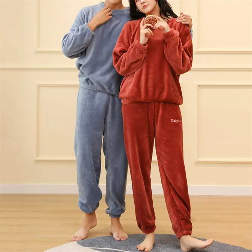 Inverno denso flanella Sleepwear per le donne Uomo Moda Coppia di moda Home Wear Solid Men's Sleep Suit Sale da notte NightGown 2 pezzi set 211110