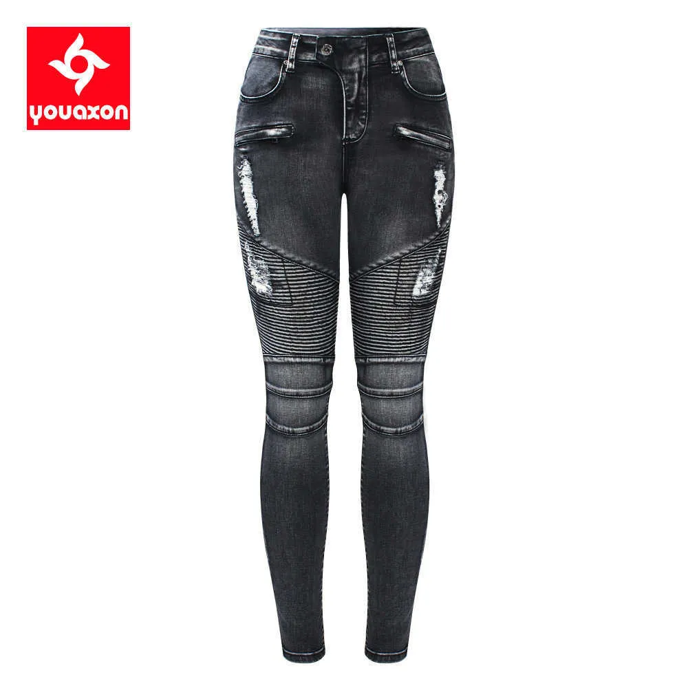 2168 Youaxon Black Motorcycle Biker Zip Jeans Women`s Mid High Waist Stretch Denim Skinny Pants Motor Jeans For Women 210616