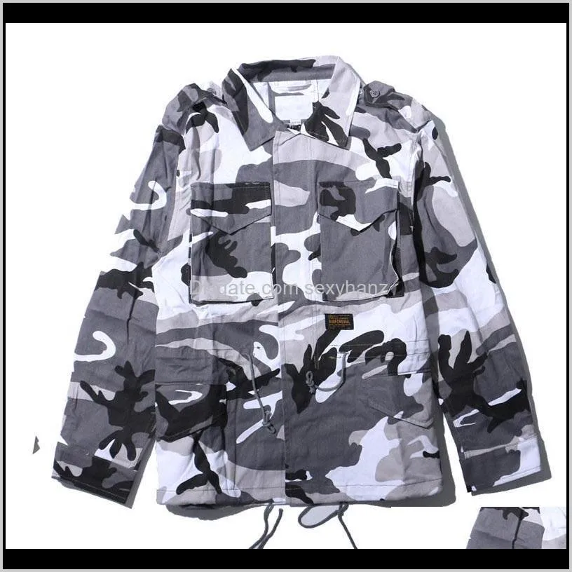 high street camouflage jacket men`s autumn lapel stand collar drawstring waist jacket men`s multi pocket camo bomber