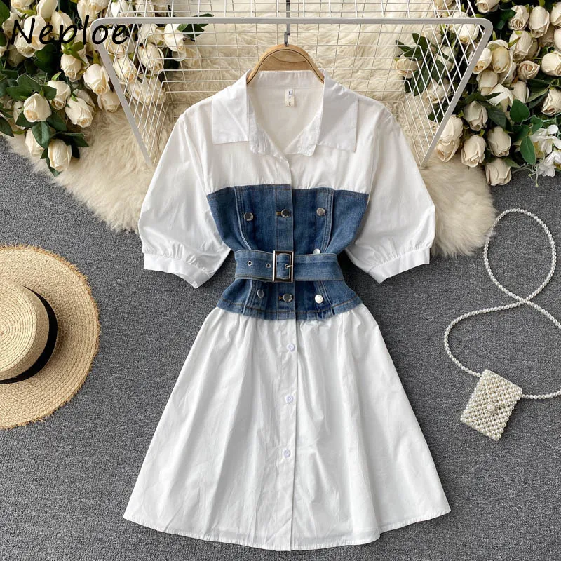 Neploe Korean Denim Hit Color Patchwork Slim Dress Women High Waist Hip Sashes Button Vestidos Turn Down Collar Long Sleeve Robe 210423