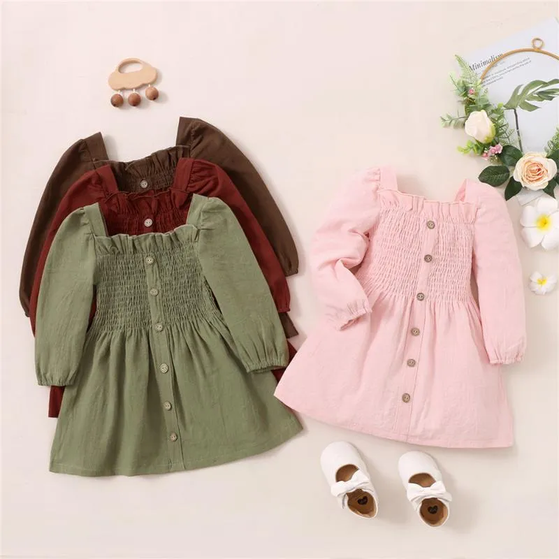 Tjejklänningar 1-5 år Toddler Kids Prinsessan Solid Färg Klänning Kvadratisk Neck Långärmad Ruffled A-Line Spring Fall Girl Clothing Party