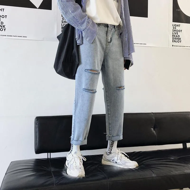 Summer Ripped Jeans Męskie Proste Luźne Przycięte Mody Hong Kong Styl Retro Modne Spodnie Baggy Denim Dla Mężczyzn
