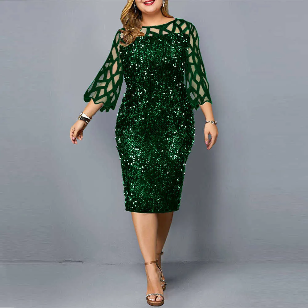 Party Dresses Plus Size Kvinnors sommarklänning för kvinnor Elegant Sequin Green Bodycon Dress Evening Wedding Outfits 4XL 5XL 210608