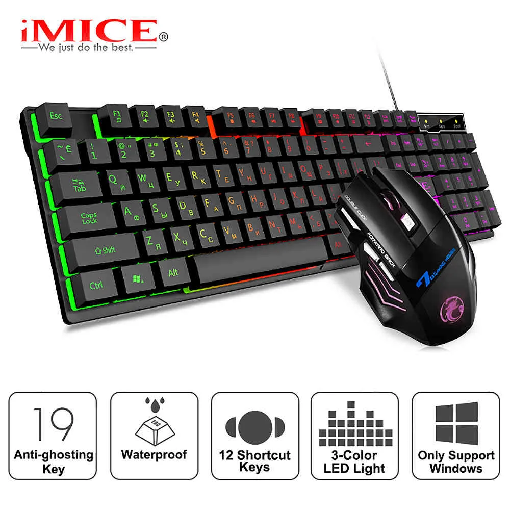 Gaming and Mouse Wired Gamer com RGB Backlit Borracha Keycaps USB Teclado Russo Jogo Computador PC Portátil