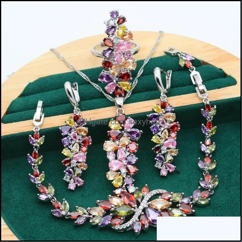 Earrings & Necklace Olive Green Purple Topaz 925 Silver Jewelry Set For Women Bracelet Pendant Ring Birthday Gift 4PCS