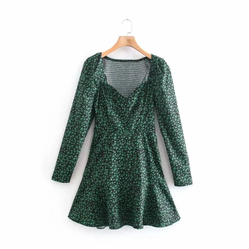 Green Flower Print Slim Mini Green Mini dress for Women with Square Collar and Long Sleeves - Casual Lady Vestido D7607 210430 Green Flower Print Slim Mini Green Mini dress for Women with Square Collar and Long Sleeves - Casual Lady Vestido D7607 210430