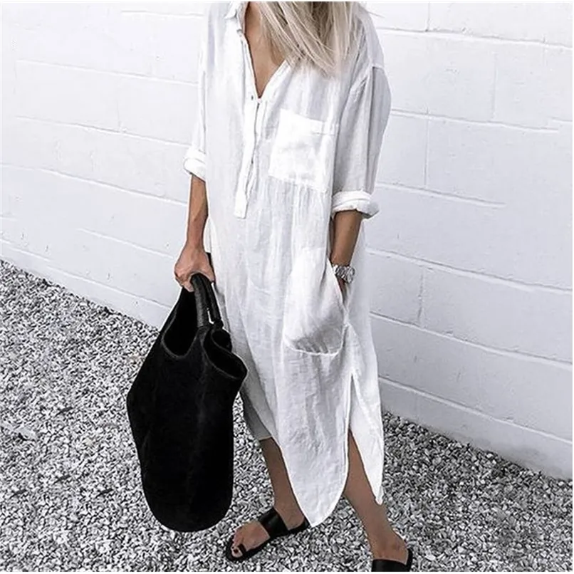 Plus Size Cotton Linen Vestido Mulheres Branco Camisa de Manga Longa Camisa Casual Vestidos Femininos Autumn Beach Fashion Lady Roupas 220303