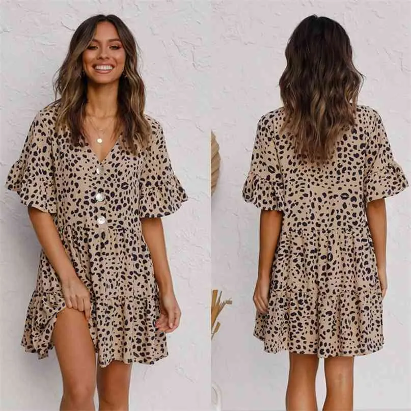 Vestido de mujer de verano Moda Leopardo Estampado Casual Elegante Damas V Cuello Mariposa Manga Una Línea Botones Cortos 210603