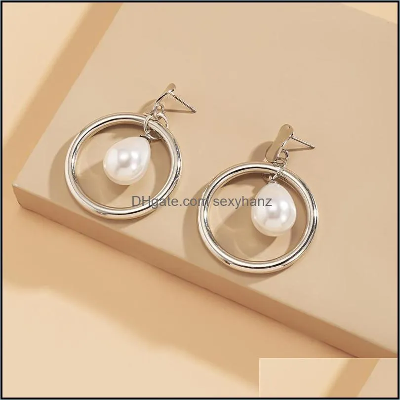 European Metal Circle Imitation Pearl Stud Earrings Water Drop Alloy Round Piece Ear Jewelry Accessories Wholesale Women Party Gift Gold Dangle