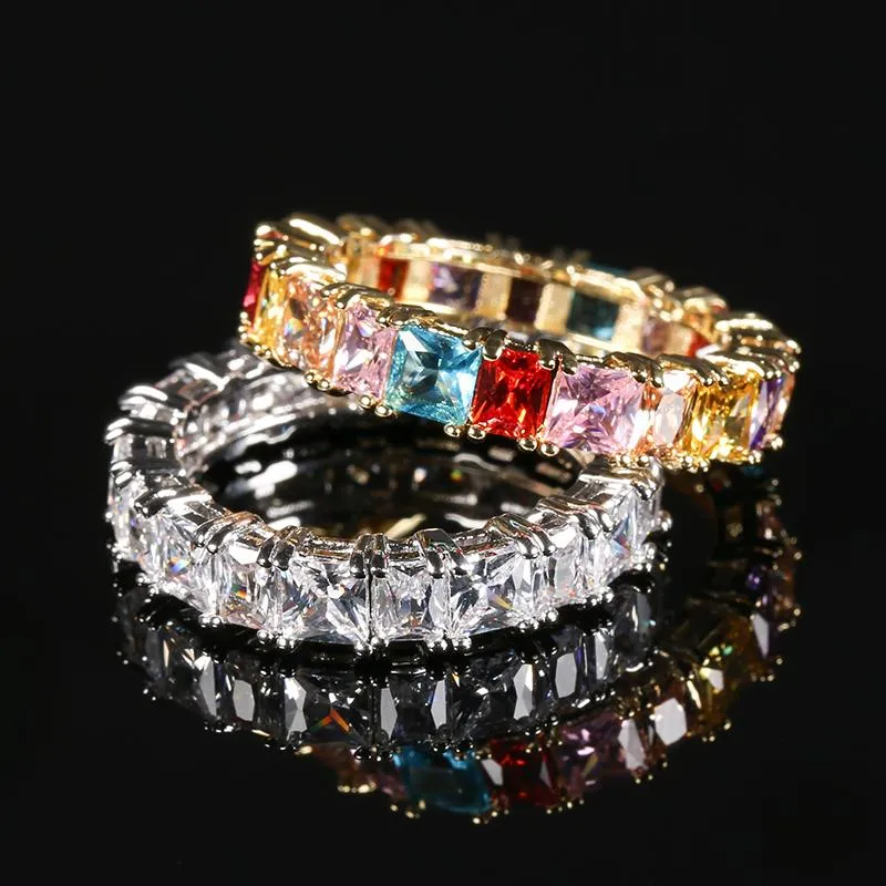 Cluster Ringe Kinel Luxus Boho Regenbogen Ring für Frauen Gold Silber Farbe Baguette Zirkonia Hochzeit Verlobung Ewigkeit