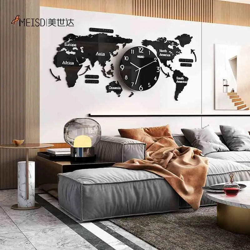 DIY sans poinçon carte du monde acrylique noir grande horloge murale autocollants de conception moderne montre silencieuse maison salon cuisine decorarion 210401