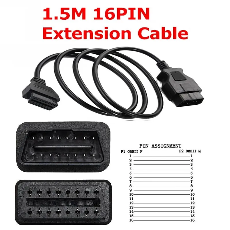 150cm 16 Pin Male to Female Car Connector Cable Tools OBD2 16Pin 1,5m Fordonsförlängningskabel Diagnostiskt verktyg