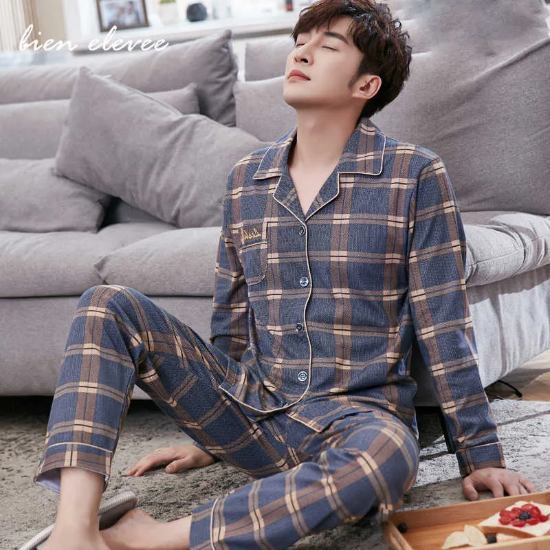 Mens Pajama Sets Home Suit Modern Style Man Sleepwear 2 Pieces Lounge Sleeping Wear Tops + Pants Plaid Long Sleeve PJ Set 210922