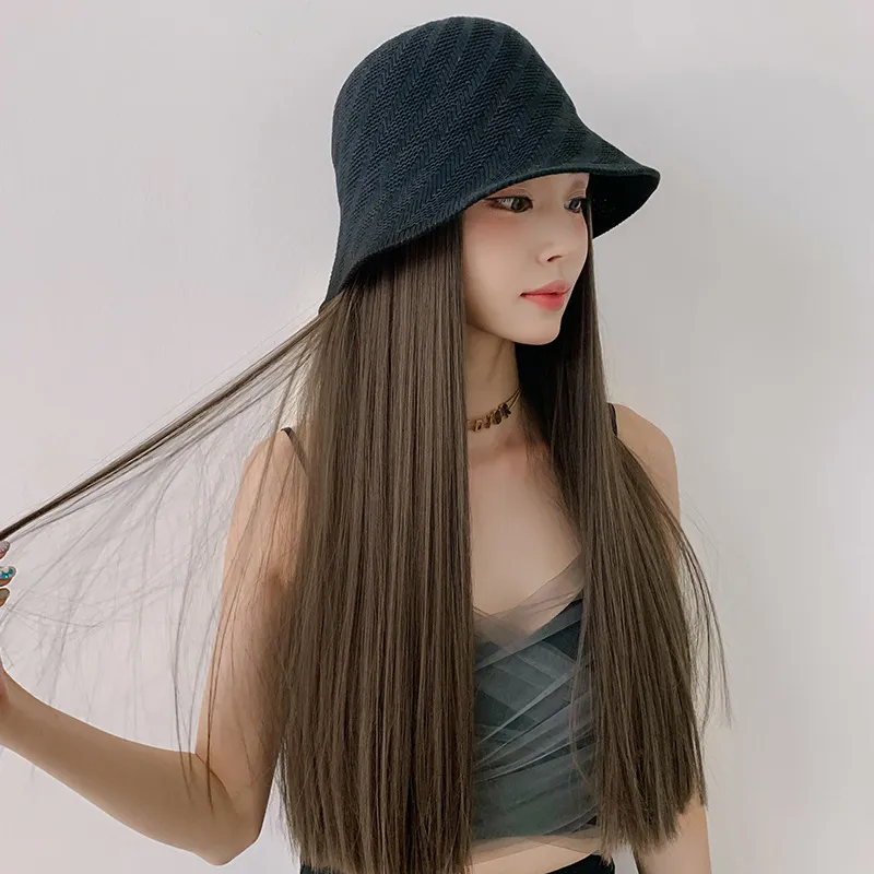 Wig Womens Natural & Fluffy Korean Style Hairstyle Trend Internet Famous Hat One Long Straight Hair