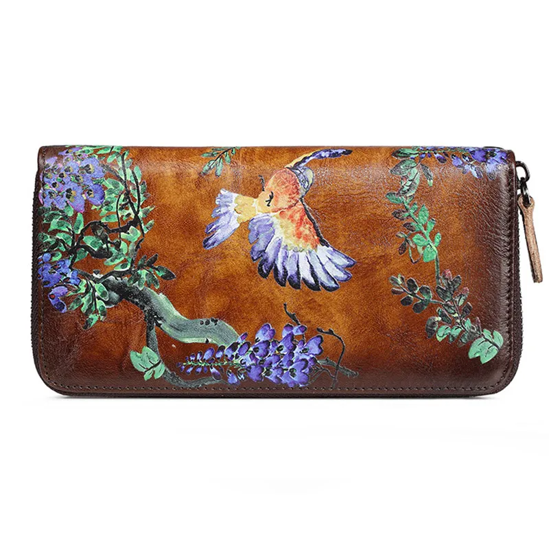 Wallet Women Genuine Leather Vintage Clutch Wallets Female Bird Long Purse Lady Cowhide Leather Phone Bag