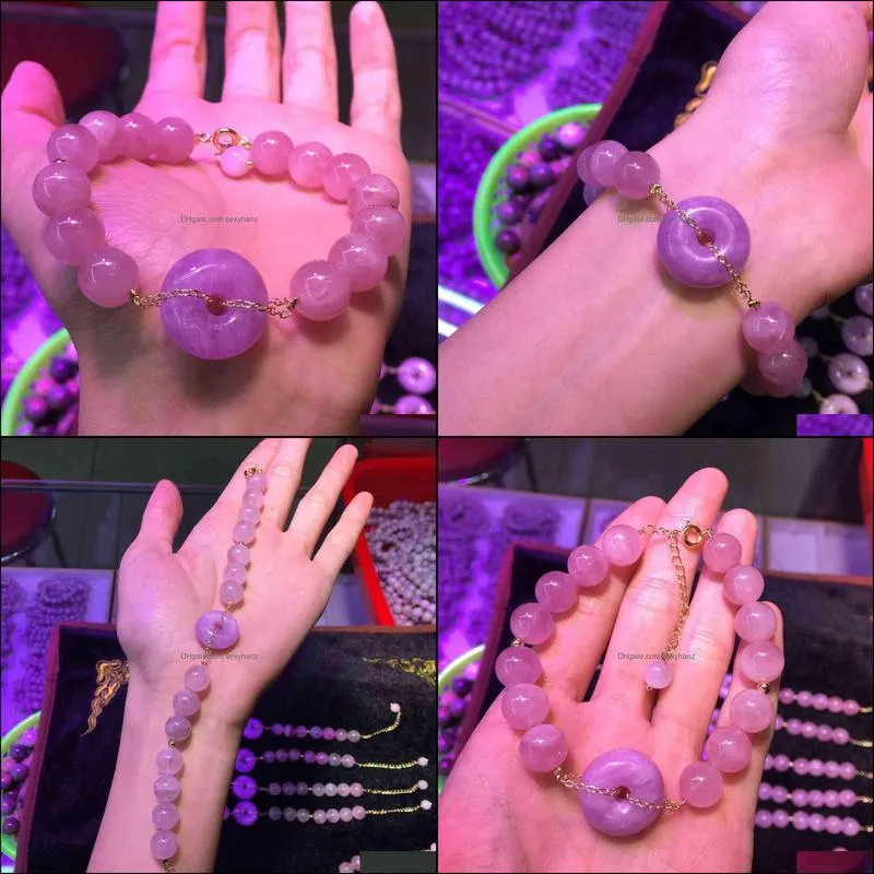 Old mineral horse powder crystal jelly ball 14K gold wrapped woven bracelet with purple lithium Hui Ping`an buckle accessories