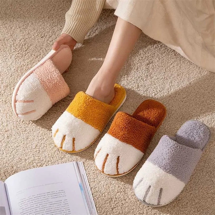 Winter House Cotton Slippers Warm Fur Shoes Comfortable Cute Lovely Cartoon Cat Indoor Bedroom Women Men Lovers Furry Slides 211229