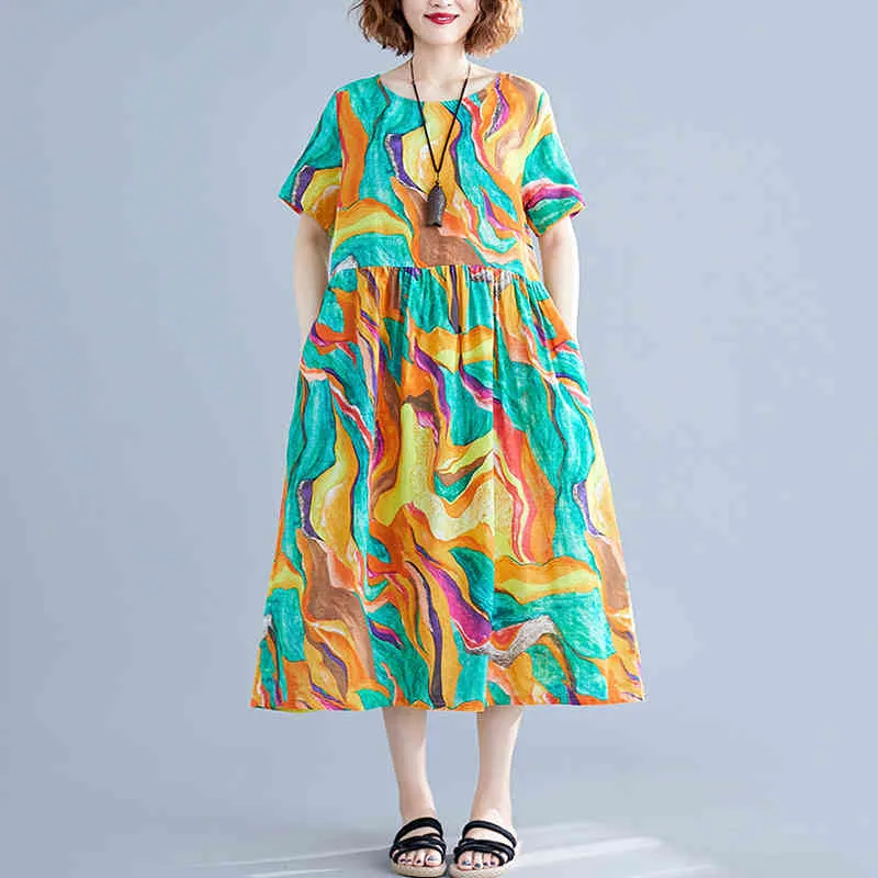 Johnature летнее платье Print Женская одежда повседневная кармана O-образным вырезом Свободные с короткими рукавами Краткое досуга женские платья 210521