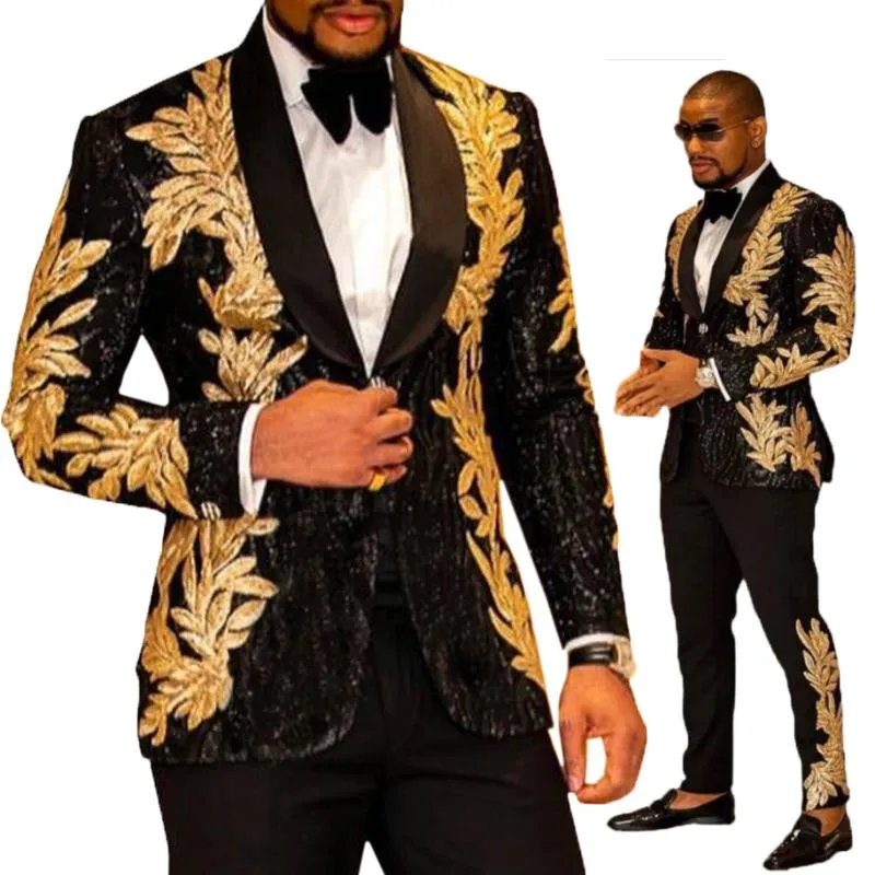 Est черный с золотой вышивкой мужские костюмы две части шаль-отворотный пиджак Slim Fit свадьба смокинг мода мужская куртка и брюки мужские Blazer