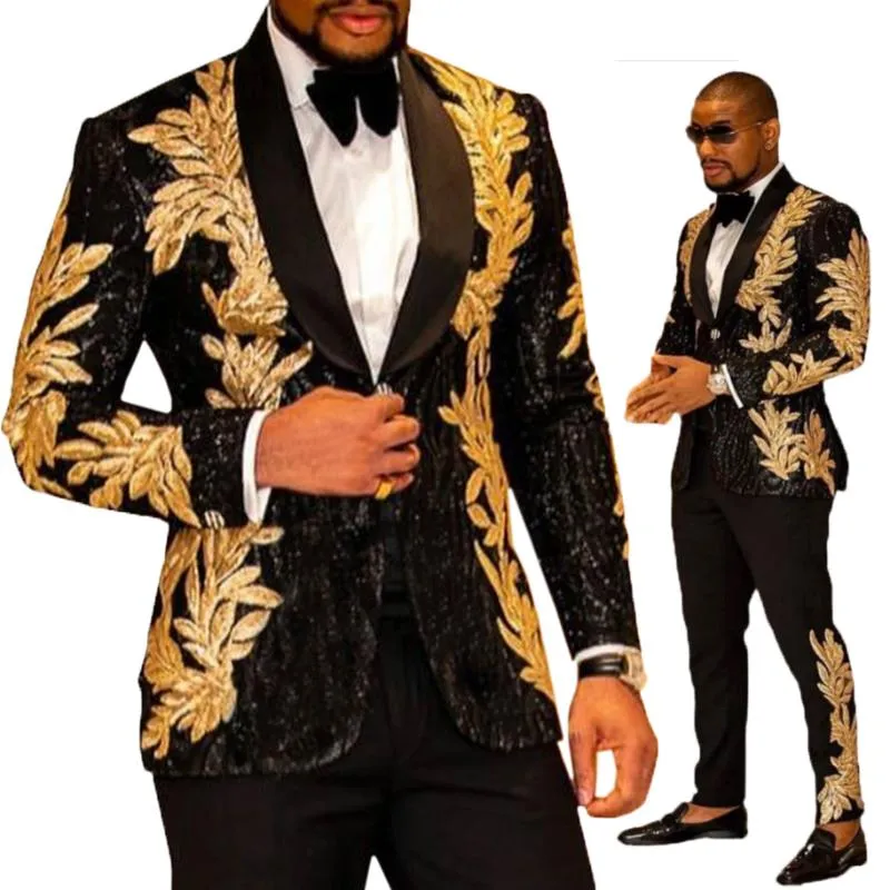 Est Black With Gold Embroidery Men Suits Two Pieces Shawl Lapel Blazer Slim Fit Wedding Tuxedos Fashion Mens Jacket And Pants Men's & Blazer