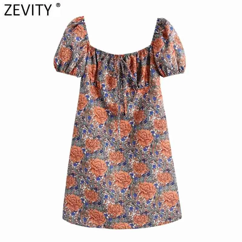 Mulheres Vintage Totem Floral Impressão Casual Mini Dress Feminino Feminino Chique Buff Manga Vestido Elástico Vestidos DS8260 210416