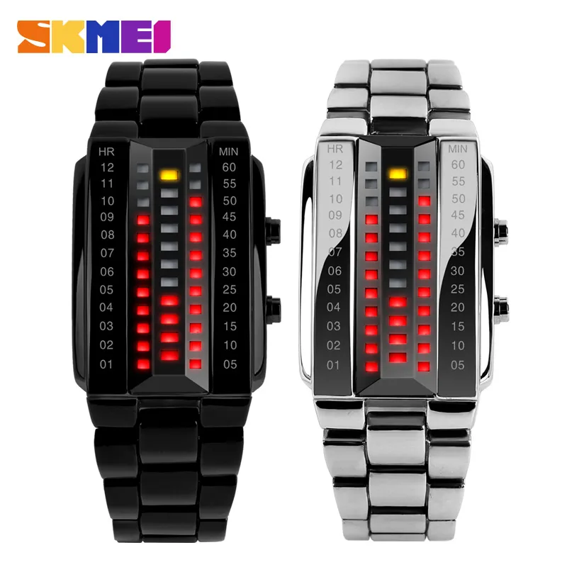 Luxury Lovers' Wristwatch Waterproof Men Women Stainless Steel Red Binary Luminous LED Electronic Display Sport Watches Fashion