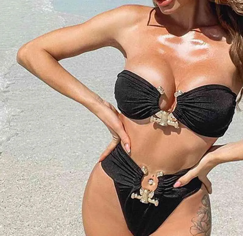 2021 sexy swimsuit bikini pure color with chest high waist metal accessories female swimwear in stock