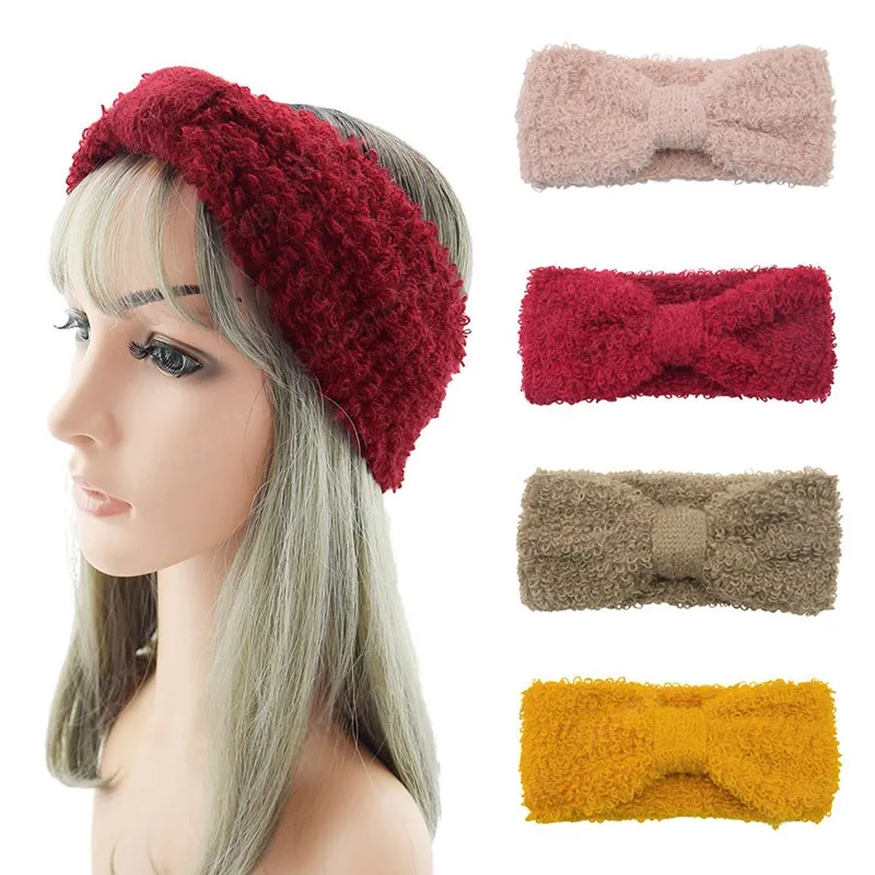 Winter Warm Wide Knitted Headbands For Women Bows Knotted Crochet Elastic Hair Bands Girls Fashion Solid Color Hair Accessories