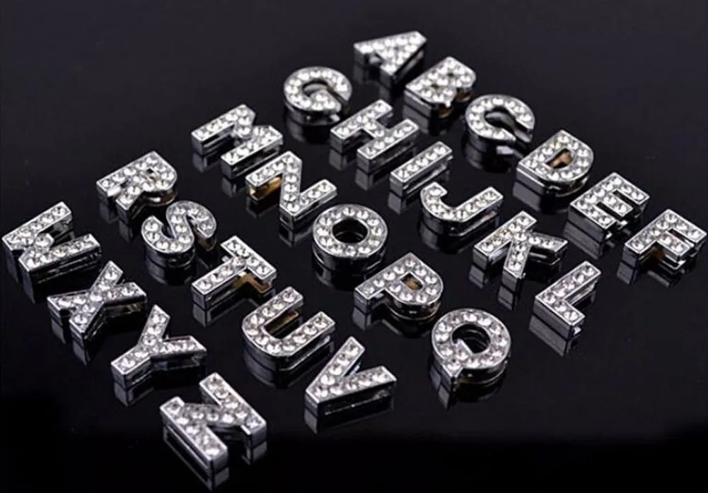 A-Z Rhinestone Letra de Corrediça Encantos Charms Pingentes 8mm / 10mm Diy Animal Pet Nome Solto Grânulos Acessórios de Jóias Cachorro Gato Animais de Estimação Gola Glide Charm Letras à Venda