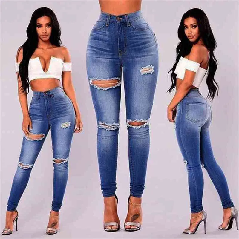 Azul rasgado jeans magro para mulheres hight cintura buraco denim calças básicas calças calças casuais bleash lavagem jean femme mujer 210513