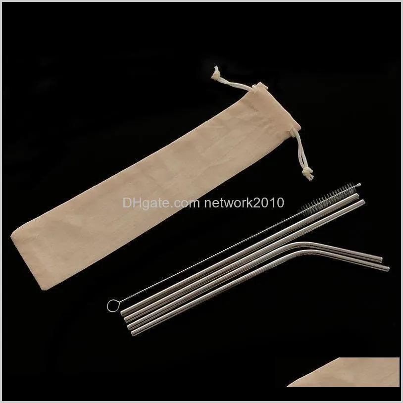 reusable metal straw set stainless steel straw set with cleaning brush linen bag packing 4+1 combination