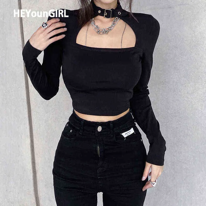 HEYounGIRL Cut Out Black Harajuku Crop T Shirt Gothic Casual Basic Woman Tshirt Tops Long Sleeve Tee Shirt Women Cool Streetwear 220207