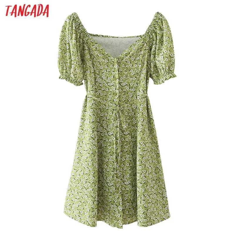 Tangada été femmes vert fleurs imprimer robe de plage avec Slash col en V à manches courtes dames Mini robe Vestidos 5X13 210609