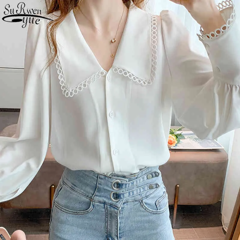 Branco chiffon blusa coreano manga longa camisa feminina elegante peter pan colar de moda lanterna mulheres top e 11546 210427